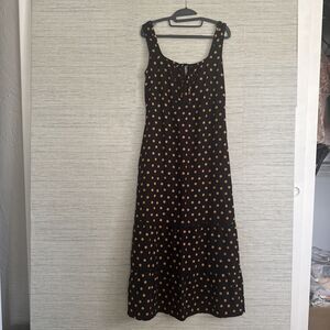 Cynthia Rowley Linen Blend Black Polka Dot Maxi Dress Size 8 Milkmaid Retro NWT